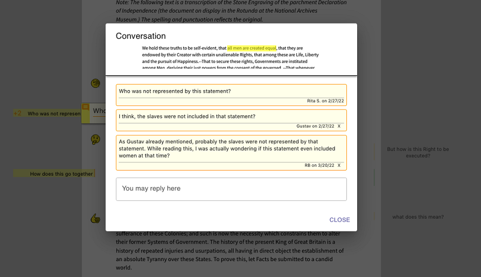 Screenshot SHRIMP_PODS: Ansicht von Diskussionen über eine Textpassage.