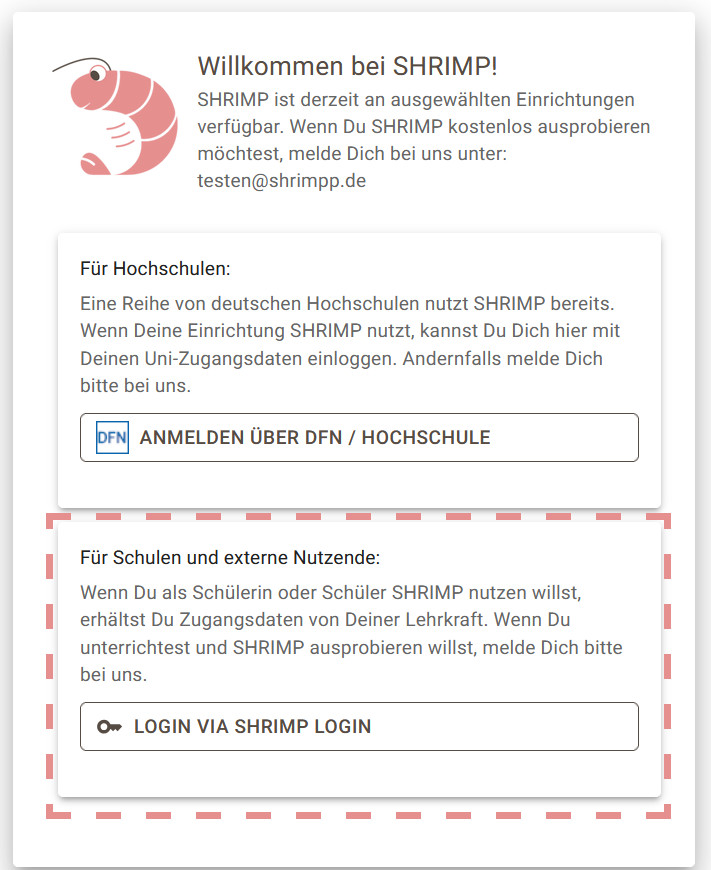 Login-Maske von SHRIMP - Login für Schulen